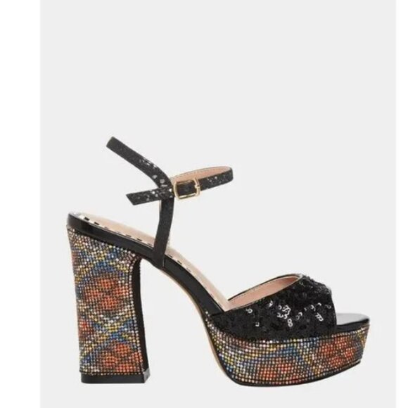 Betsey Johnson ALAIA BLACK PLAID Print Platform Sandal bling sequin NEW - Picture 7 of 8